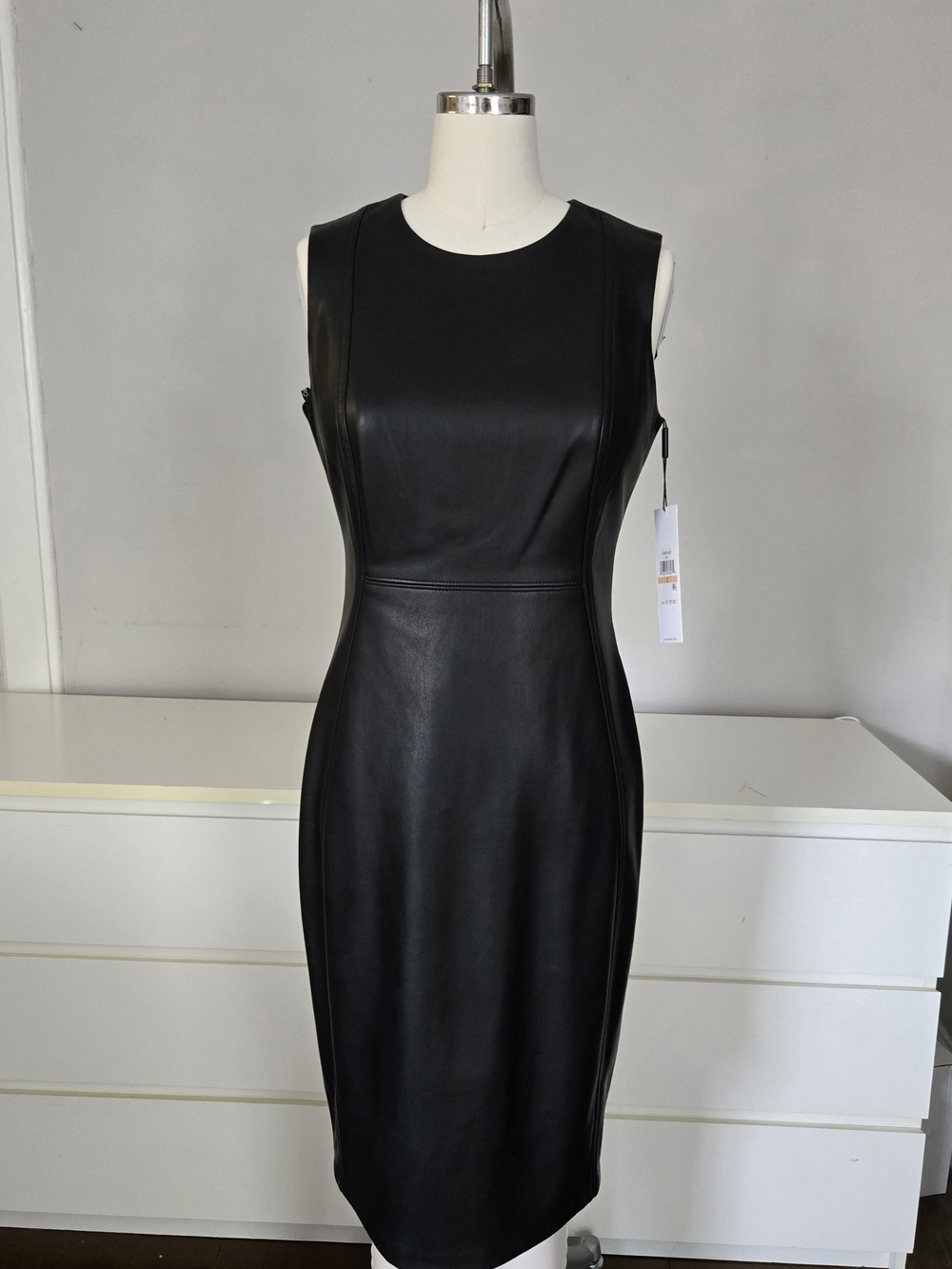 NWT Calvin Klein Black Faux Leather Sheath Dress
